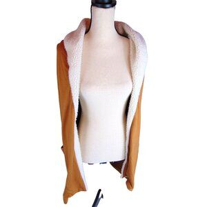 New Direction Women's Open Jacket*Cardigan* Large*Tan shell *Faux Fur Lining EUC